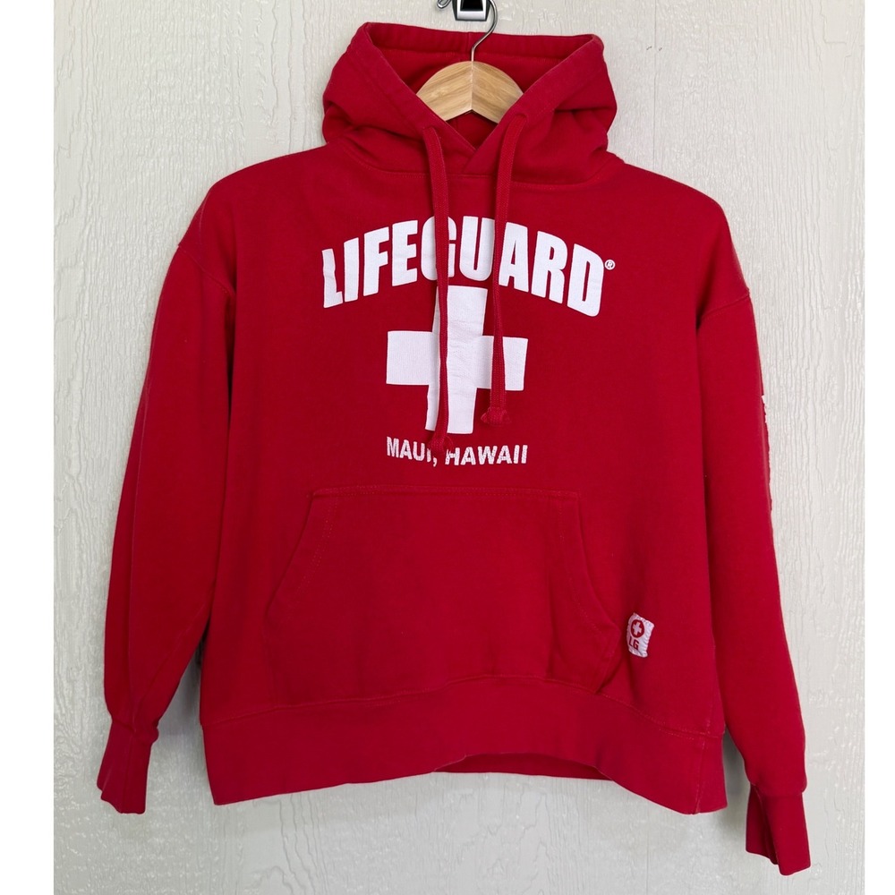 Lifeguard Maui Hawaii Hoodie Sweatshirt Red White Cross Logo Large Mens